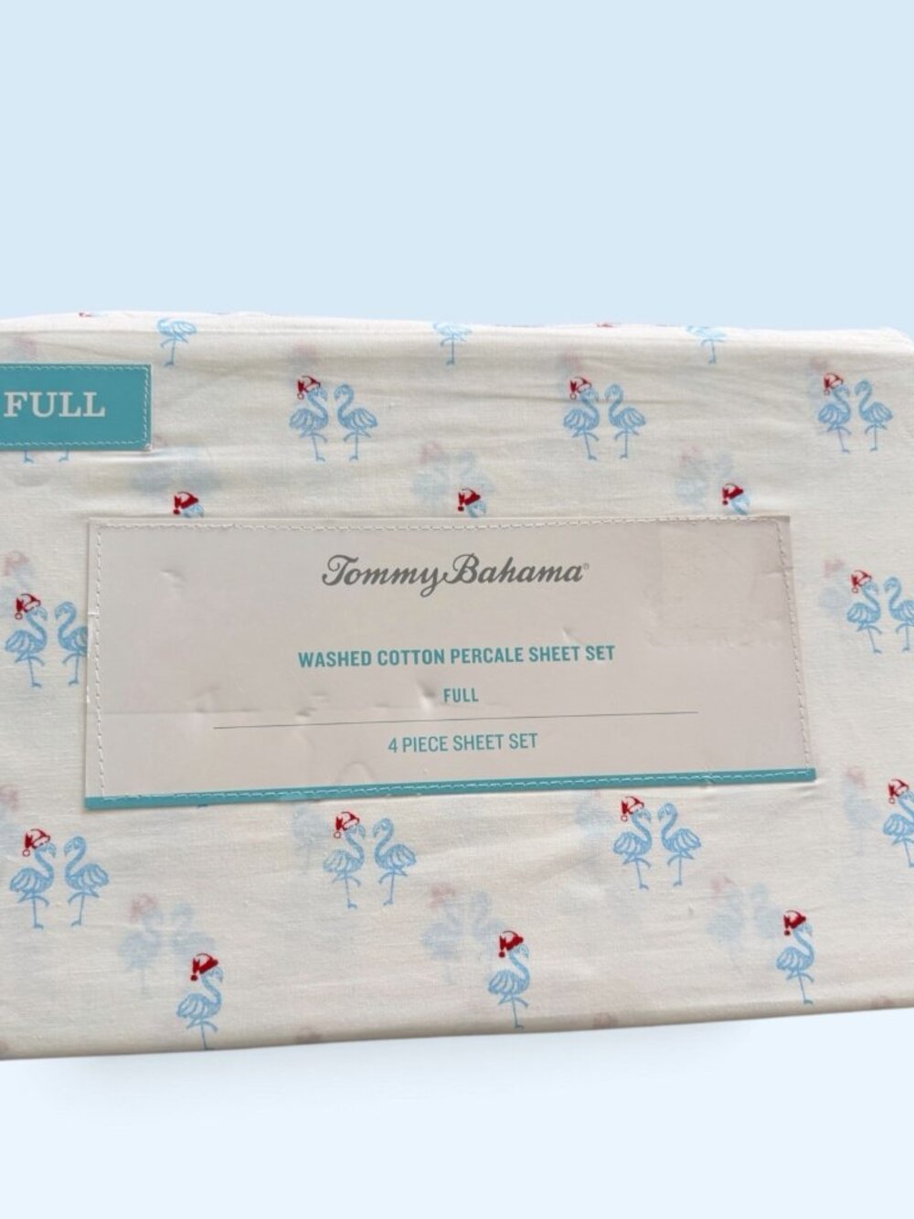 Tommy Bahama FULL Washed Cotton Percale Sheet Set 4pc Flamingos Holiday Blue